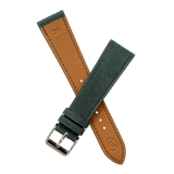 Back of the Deep Emerald Alcantara watch strap showing its Zermatt leather lining